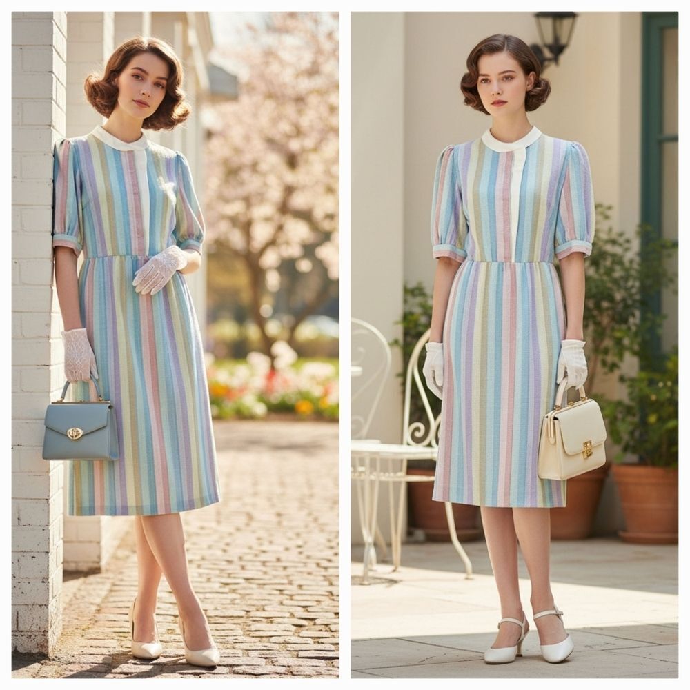 Vintage 70s 80s Lady Carol Multi Color Striped Woven Knee/Midi Dress Size 14
